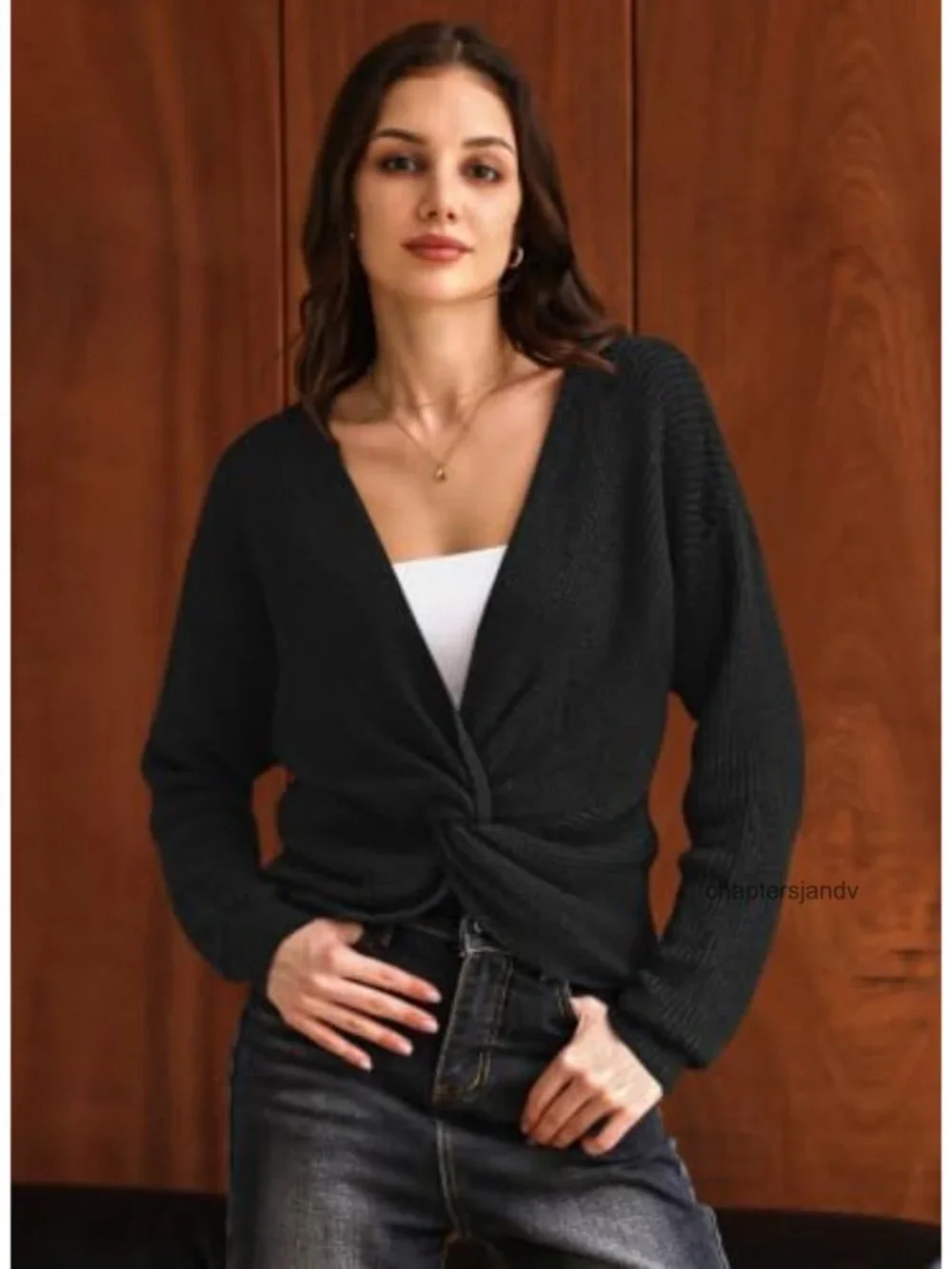 Deep V Neck Twist Front Cropped Knit Sweater Long Sleeve Pullover